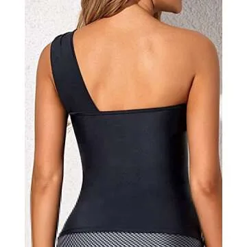 Tempt Me Women Black Tankini Top Swim Tops Ruched One Shoulder Bathing Suit Swimsuit Tops Only M