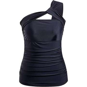 Tempt Me Women Black Tankini Top Swim Tops Ruched One Shoulder Bathing Suit Swimsuit Tops Only M