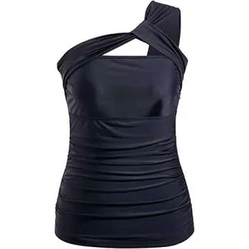 Tempt Me Women Black Tankini Top Swim Tops Ruched One Shoulder Bathing Suit Swimsuit Tops Only M