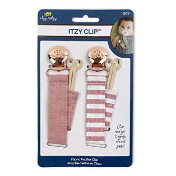 Itzy Ritzy Linen Pacifier Clips; Fabric Pacifier Strap with Clip Keeps Pacifiers & Teethers in Place; Includes Universal Attachment Clip and Loop; 2-Pack of Pink and Pink Stripe