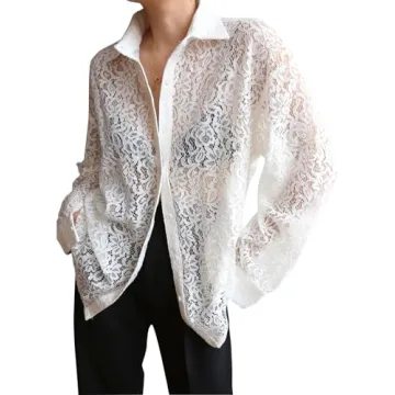 Ladyful Women's Long Sleeve Lace Semi Sheer Tops Casual Blouse Button Front Collar Tops Shirts White