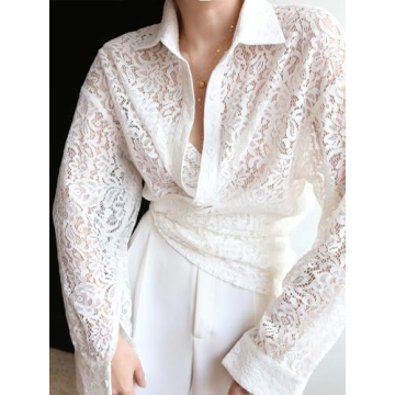 Ladyful Women's Long Sleeve Lace Semi Sheer Tops Casual Blouse Button Front Collar Tops Shirts White