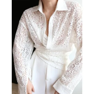Ladyful Women's Long Sleeve Lace Semi Sheer Tops Casual Blouse Button Front Collar Tops Shirts White