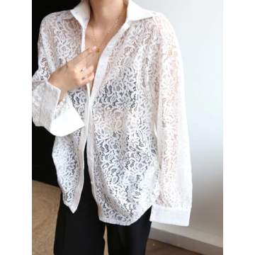 Ladyful Women's Long Sleeve Lace Semi Sheer Tops Casual Blouse Button Front Collar Tops Shirts White