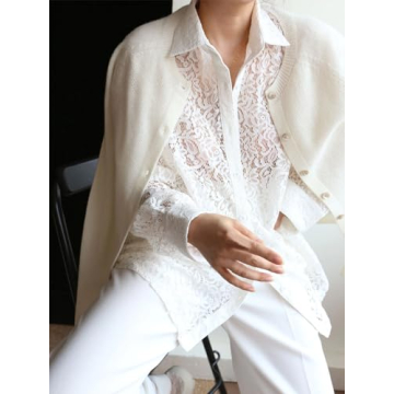 Ladyful Women's Long Sleeve Lace Semi Sheer Tops Casual Blouse Button Front Collar Tops Shirts White