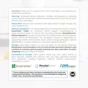 Methyl B Complete - 60 Vegetable Capsules | Optimal Methylation Support Supplement with Quatrefolic 5-MTHF (Active folate), Methylcobalamin (Active B12), B2, B6, and TMG | Pharmaceutical Grade