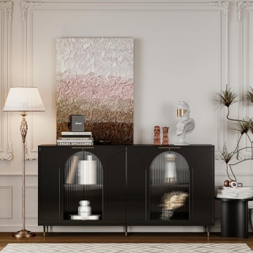 HMFULE 59.8'' Modern Storage Sideboard Buffet Cabinet Accent Black Lacquered Cabinet with 4 Glass Do...