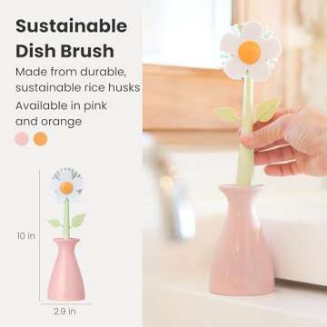 Vigar Florganic Daisy-Shaped Dish Brush with Vase Dish Brush Holder, Dish Brush with Handle, for Pot Scrubber, Kitchen Dishes, and Sink Cleaning, Pink