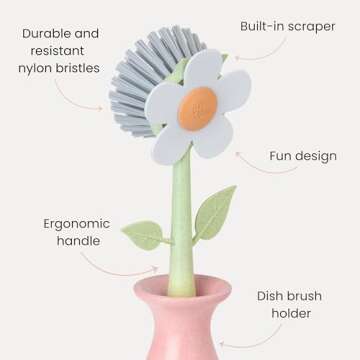 Vigar Florganic Daisy-Shaped Dish Brush with Vase Dish Brush Holder, Dish Brush with Handle, for Pot Scrubber, Kitchen Dishes, and Sink Cleaning, Pink