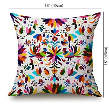 Solekla Mexican Otomi FlowerThrow Pillow Cover Boho Colorful Bird Bright Decorative Pillow Case Cotton Linen Cushion Cover Decor 18x18 Inch Pillowcase for Home