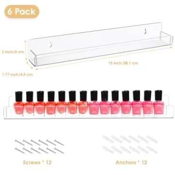 AumVum 6 Pack Nail Polish Organizer Wall Mounted Shelf with Removable Anti-Slip End Inserts, Paint Rack Acrylic Organizers Display for Wall, Nail Polish Rack Displays 90 Bottles, 15 Inch