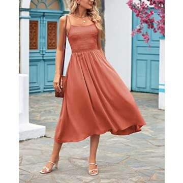 Hicawetp Women's 2023 Summer Adjustable Spaghetti Strap Smocked Midi Dress Loose Casual Swing A-line...