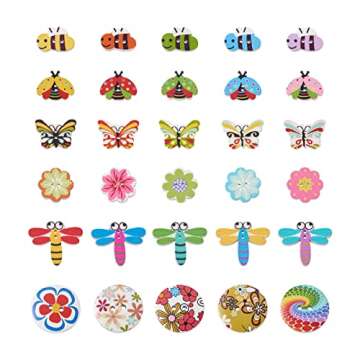 300Pcs Painted Wooden Buttons Insect Theme Poplar Wood Buttons Flower Dragon Fly Butterfly Bee Ladyb...