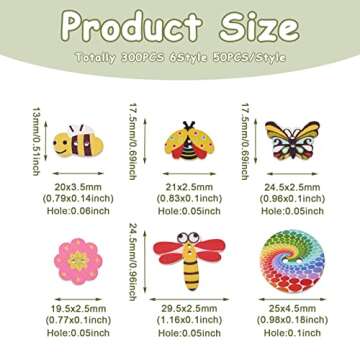 300Pcs Painted Wooden Buttons Insect Theme Poplar Wood Buttons Flower Dragon Fly Butterfly Bee Ladybugs Round Sewing Buttons with Floral Patterns for DIY Sewing Process Decoration