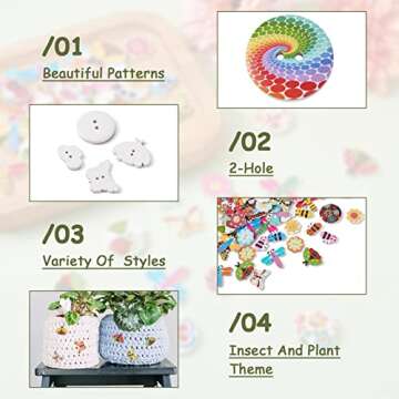 300Pcs Painted Wooden Buttons Insect Theme Poplar Wood Buttons Flower Dragon Fly Butterfly Bee Ladybugs Round Sewing Buttons with Floral Patterns for DIY Sewing Process Decoration