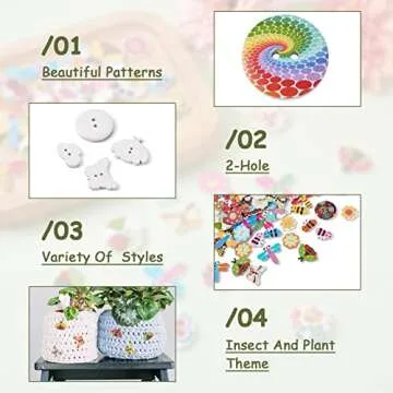 300Pcs Painted Wooden Buttons Insect Theme Poplar Wood Buttons Flower Dragon Fly Butterfly Bee Ladybugs Round Sewing Buttons with Floral Patterns for DIY Sewing Process Decoration