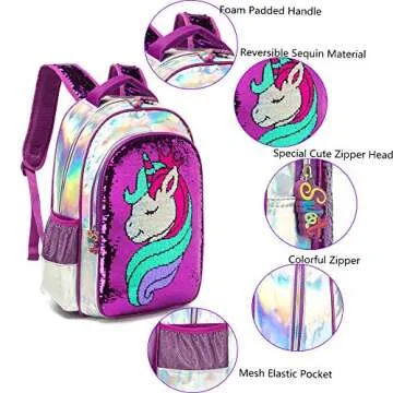 Girls Unicorn Sparkly Sequin Backpack Set for School