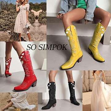 SO SIMPOK Womens Mid Calf Boots Cute Heart Chunky Heel Cowgirl Cowboy Boots Embroidered Pull on Colo...