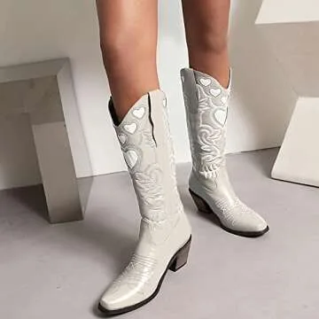 SO SIMPOK Womens Mid Calf Boots Cute Heart Chunky Heel Cowgirl Cowboy Boots Embroidered Pull on Colorful Western Riding Party Boots