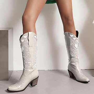 SO SIMPOK Womens Mid Calf Boots Cute Heart Chunky Heel Cowgirl Cowboy Boots Embroidered Pull on Colorful Western Riding Party Boots