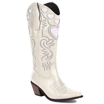 SO SIMPOK Womens Mid Calf Boots Cute Heart Chunky Heel Cowgirl Cowboy Boots Embroidered Pull on Colorful Western Riding Party Boots