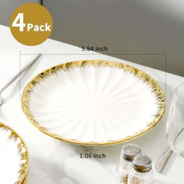 Dinner Plates, Ceramic Dinner Plates Set of 4, White Dinner Plates with Gold Rim, 10 Inch Dinnerware...