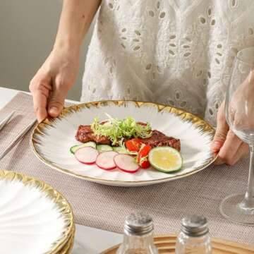 Dinner Plates, Ceramic Dinner Plates Set of 4, White Dinner Plates with Gold Rim, 10 Inch Dinnerware Dish Set for Kitchen Round Salad Plates, Dessert Plates Appetizer Plates Serving Dishes for Parties