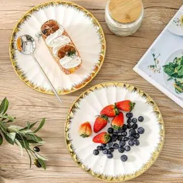 Dinner Plates, Ceramic Dinner Plates Set of 4, White Dinner Plates with Gold Rim, 10 Inch Dinnerware Dish Set for Kitchen Round Salad Plates, Dessert Plates Appetizer Plates Serving Dishes for Parties