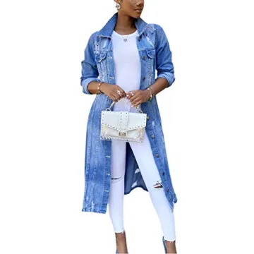 chouyatou Women's Distressed Hole Over Knee Midi Long Denim Jacket Trench Coat (Large, Blue)