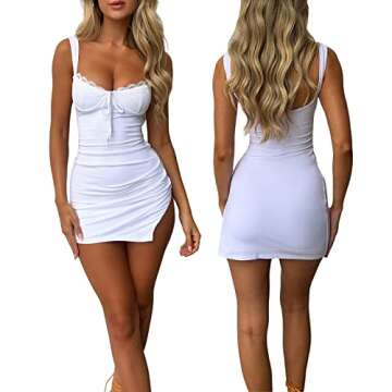 Women Sexy Backless Bodycon Mini Dress Lace Trim Spaghetti Strap Low Cut Short Dress Ruched Slit Cocktail Party Dress (Lace-up White, S)