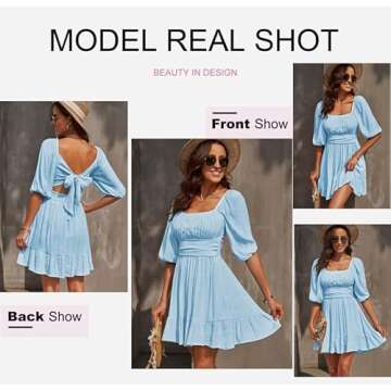 Dokotoo Womens Summer Dresses Square Neck Tie Back Lantern Sleeve Blue Wedding Guest Dresses Ruffle A-Line Sexy Dresses Elastic Waist Casual Dresses for Graduation Small