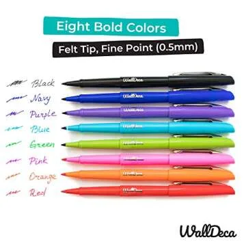WallDeca Felt Tip Pens, Fine Point Color Pens (0.5mm), Colorful Journal Pens, Planner Pens, Made for Everyday Writing, Journals, Notes and Doodling, for Teachers, Students (8-Pack)