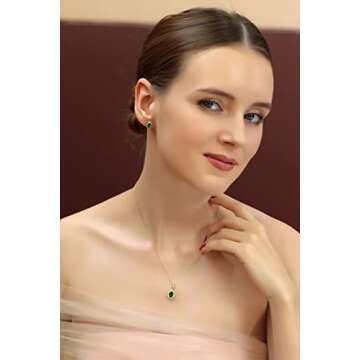 B. BRILLIANT Yellow Gold Flashed Sterling Silver Simulated Emerald & CZ Oval Halo Necklace & Stud Ea...