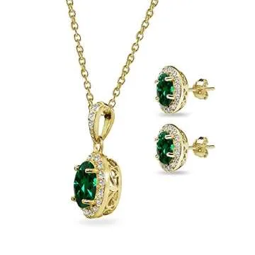 B. BRILLIANT Yellow Gold Flashed Sterling Silver Simulated Emerald & CZ Oval Halo Necklace & Stud Earrings Jewelry Set for Women Bridesmaids with Gift Box