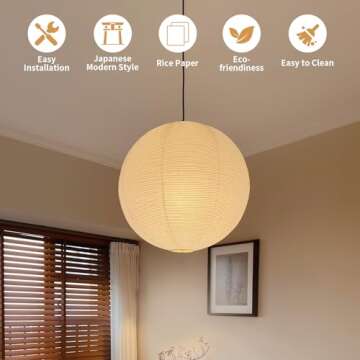 1PC 23.6 Inch Round Rice Paper Lamp Shades, White Paper Lanterns Lights,Paper Pendant Light Shade,Hanging Paper Lamp Shade,Noguchi Lamp Shade,Lampshade for Living Room,Excluding Wires and Bulbs