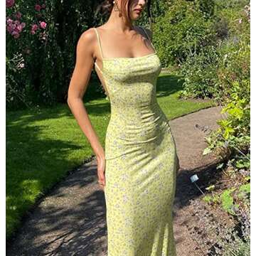 Women Hollow Out Bodycon Maxi Dresses Y2K Spaghetti Strap Backless Cami Dress Split Elegant Evening Party Dresses B-Yellow