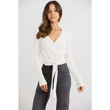 PRETTYGARDEN Women's Fashion Wrap V Neck Cropped Sweater Long Sleeve Solid Slim Fit Belted Pullover ...