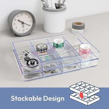 carrotez Desk Drawer Organizer Tray, 8 Grid, Stackable Clear Plastic Storage Organizer for Office Supplies, Makeup, Stationary, Accessory