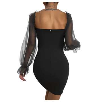 Floerns Women's Sweetheart Neck Mesh Sheer Ruffle Long Sleeve Bodycon Mini Dress Black M