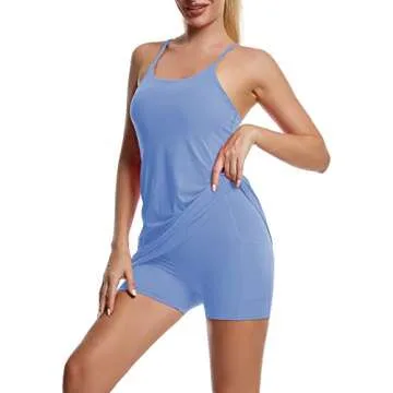 Women's Tennis Dress, Workout Golf Dress Built-in with Bra & Shorts Pocket Sleeveless Athletic Dresses Blue