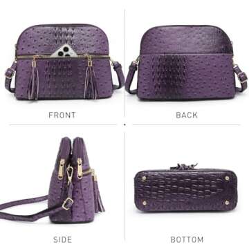 Dasein Women Tassel Zipper Pocket Crossbody Bag Shoulder Purse Fashion Travel Bag with Multi Pockets(Ostrich Purple)