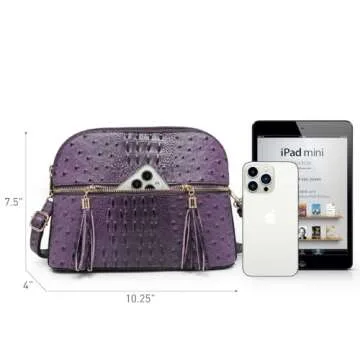 Dasein Women Tassel Zipper Pocket Crossbody Bag Shoulder Purse Fashion Travel Bag with Multi Pockets(Ostrich Purple)
