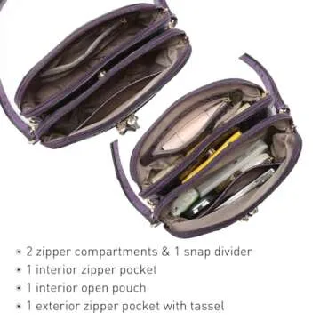 Dasein Women Tassel Zipper Pocket Crossbody Bag Shoulder Purse Fashion Travel Bag with Multi Pockets(Ostrich Purple)