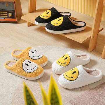 kissxiaoya Smile Face Slippers for Women Men, Retro Soft Plush Lightweight Smile Face House Slippers, Indoor Outdoor Cozy Trendy Slip-On Slipper(White-Blue Smile, 6.5-7.5 Women/6-7 Men)