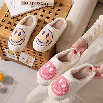 kissxiaoya Smile Face Slippers for Women Men, Retro Soft Plush Lightweight Smile Face House Slippers, Indoor Outdoor Cozy Trendy Slip-On Slipper(White-Blue Smile, 6.5-7.5 Women/6-7 Men)