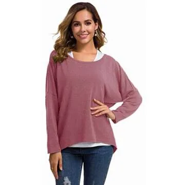 UGET Women's Oversized Baggy Tops Off Shoulder Loose Fitting Pullover Casual Blouse T-Shirt Sweater Long Batwing Sleeve Small Purple Red