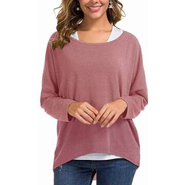 UGET Women's Oversized Baggy Tops Off Shoulder Loose Fitting Pullover Casual Blouse T-Shirt Sweater Long Batwing Sleeve Small Purple Red