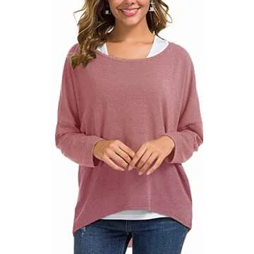 UGET Women's Oversized Baggy Tops Off Shoulder Loose Fitting Pullover Casual Blouse T-Shirt Sweater Long Batwing Sleeve Small Purple Red