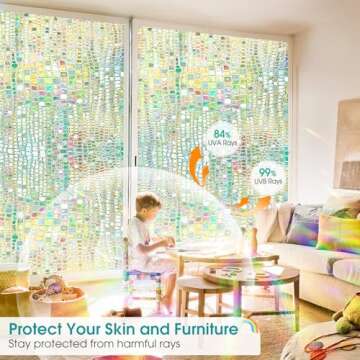 Windimiley Window Privacy Film 3D Rainbow Static Clings Bathroom Stained Glass Decorative Window Sticker Prism Holographic Window Decals Sun Blocking Non-Adhesive Door Covering,17.5x78.7In, Pure