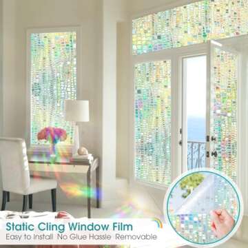 Windimiley Window Privacy Film 3D Rainbow Static Clings Bathroom Stained Glass Decorative Window Sticker Prism Holographic Window Decals Sun Blocking Non-Adhesive Door Covering,17.5x78.7In, Pure